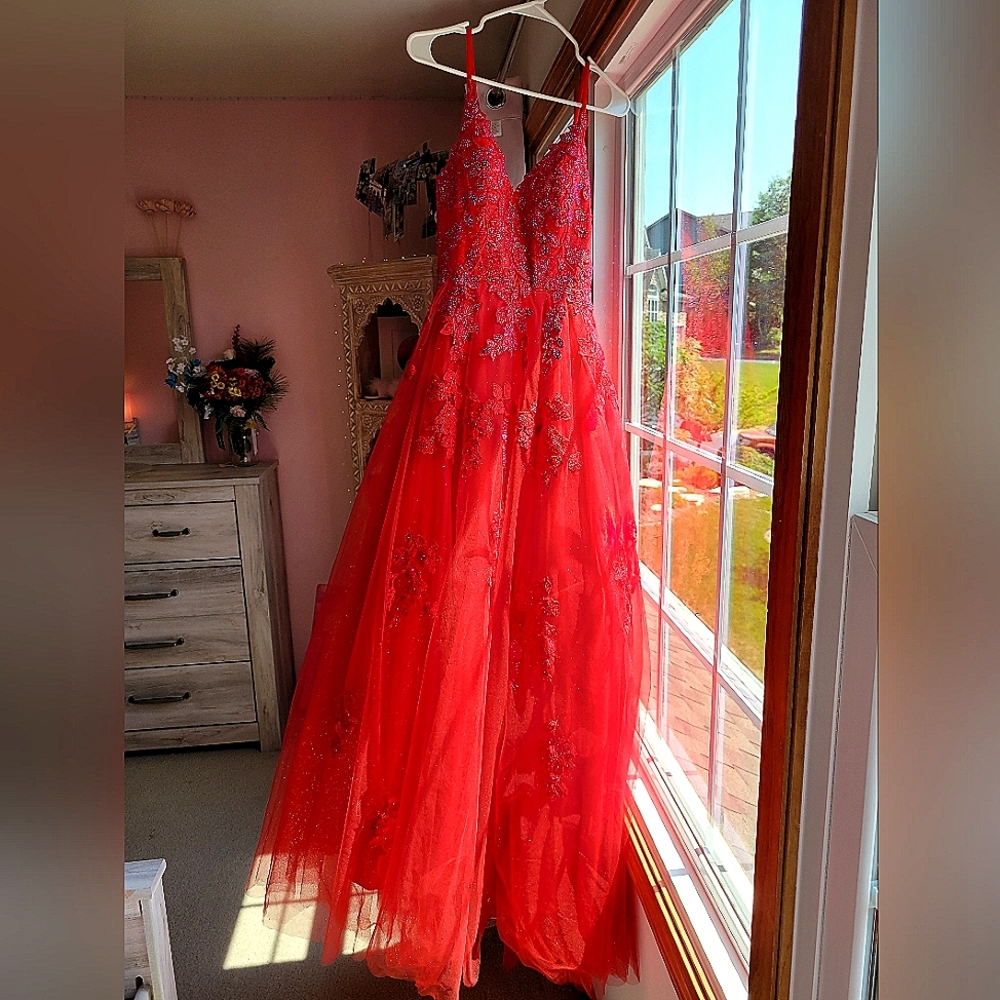 Red Princess Prom Dress with Blue Sparkles